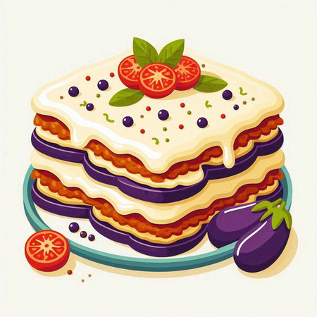 Illustration of lasagna with eggplant and tomato on a plateのイラスト素材