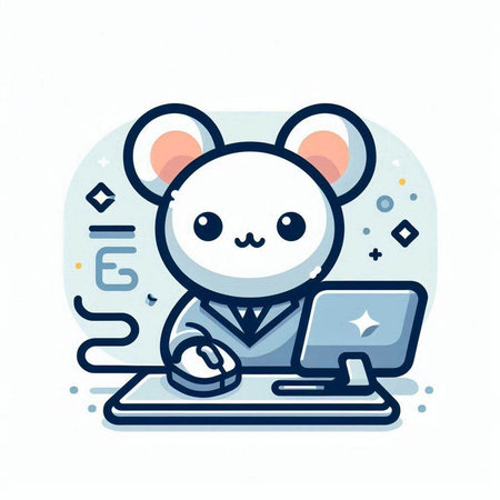Cute mouse working with laptop. Vector line cartoon character illustration.のイラスト素材