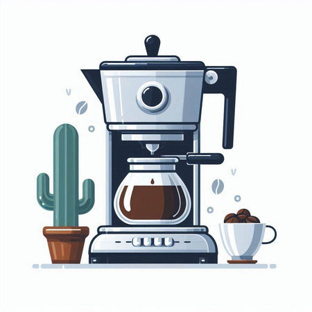 Coffee maker with cup of coffee and cactus. Vector illustration.のイラスト素材