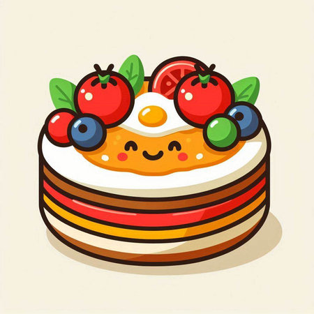 Cute cartoon cake with fruits and berries. Vector illustration of a food character.のイラスト素材