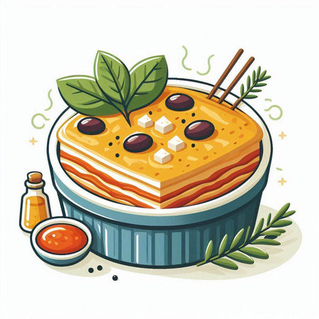 Illustration of a piece of lasagna in a bowl with chopsticksのイラスト素材