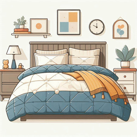 Vector illustration of a bedroom interior with a bed and a lamp.のイラスト素材