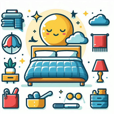 Vector illustration of bed and sleep icons set in flat line style.のイラスト素材