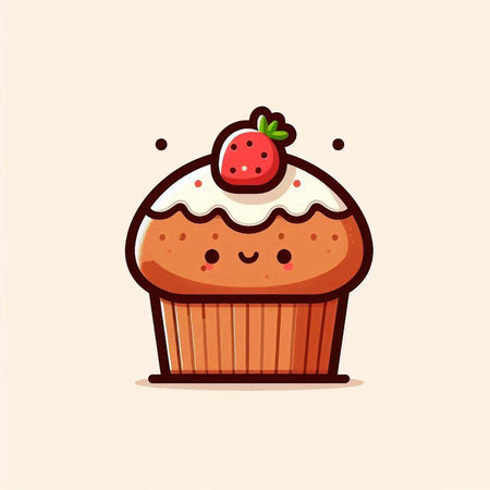 Cute muffin with strawberry and whipped cream. Vector illustration.のイラスト素材