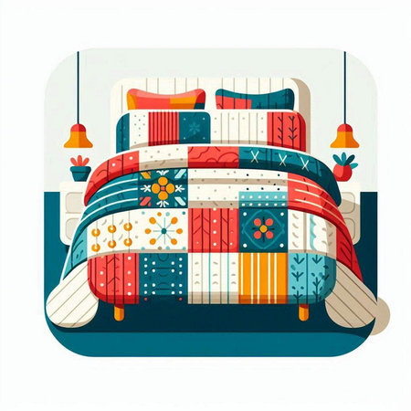 Vector illustration of a bed with pillows and plaids.のイラスト素材