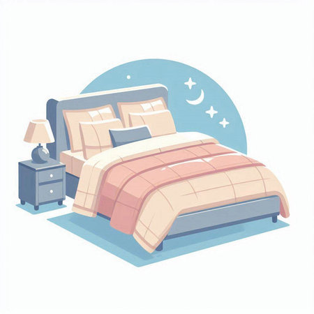 Bedroom interior vector illustration. Bed and pillow in cartoon style.のイラスト素材