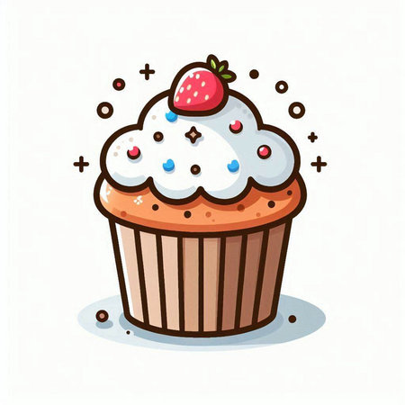 Cupcake vector illustration. Cute hand drawn cupcake with whipped cream and strawberryのイラスト素材