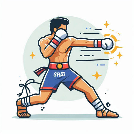 Boxer vector illustration. Boxer in blue shorts and gloves.のイラスト素材