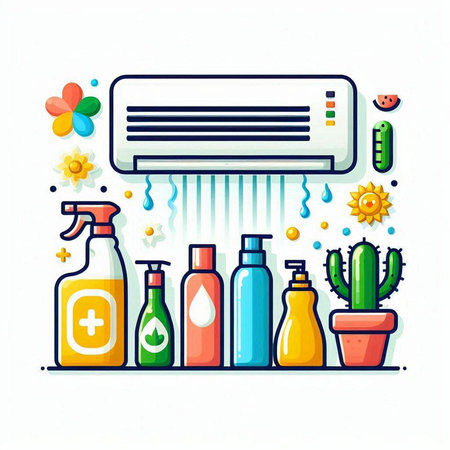 Air conditioner and cleaning products. Colorful flat vector illustration.のイラスト素材