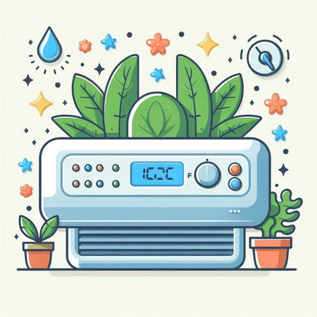 Air conditioner and plants. Vector illustration in flat cartoon style.のイラスト素材