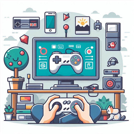 Game console and gamer workspace. Vector illustration in flat design style.のイラスト素材