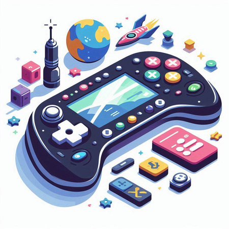 Isometric gamepad with game icons, 3d vector illustration.のイラスト素材