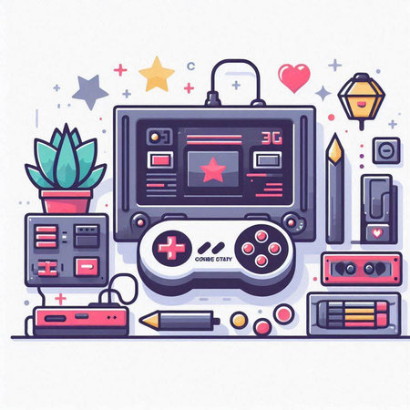 Gamepad, console, joystick, video game console. Colorful flat vector illustration.のイラスト素材
