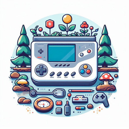 Game console in the forest. Colorful flat vector illustration on white background.のイラスト素材