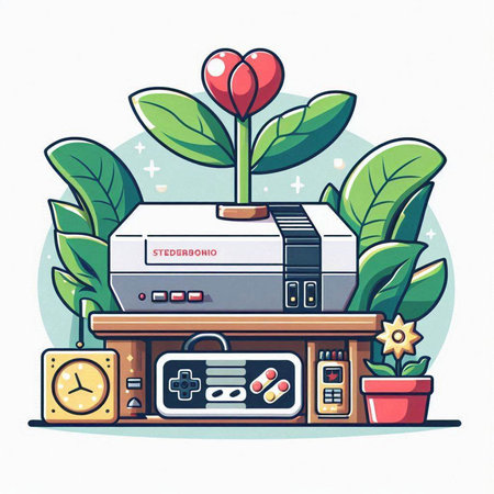 Retro and vintage style vector illustration of personal computer, game console, joystick, remote control, plant and clock.のイラスト素材