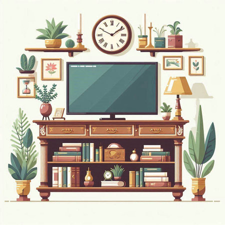 Living room interior with bookshelf, tv and plants. Vector illustration.のイラスト素材