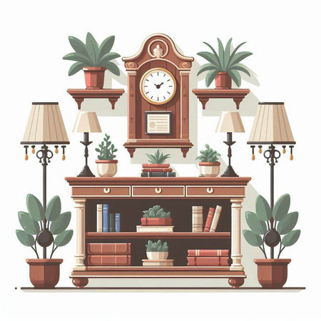 Living room interior with bookshelf, clock, lamps and plants. Vector illustration.のイラスト素材