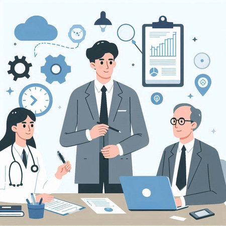 Vector illustration of a doctor in a medical office with his team.のイラスト素材