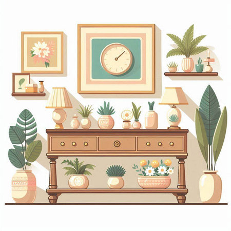 Vector illustration of living room interior with furniture and plants in pots.のイラスト素材