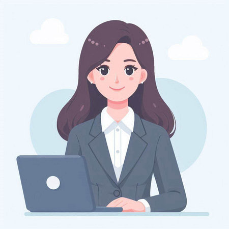 Young businesswoman working on laptop. Vector illustration in cartoon style.のイラスト素材