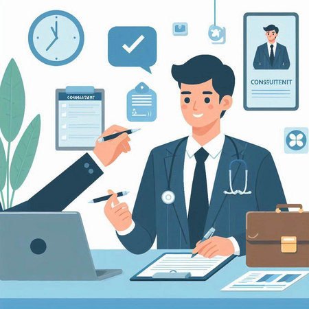 Doctor in office. Vector illustration in flat style. Doctor with laptop.のイラスト素材