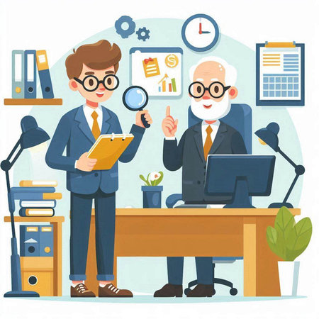 Businessman and businesswoman in office. Vector illustration in flat styleのイラスト素材