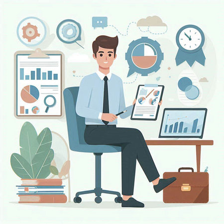Businessman working in office. Vector illustration in flat cartoon style.のイラスト素材
