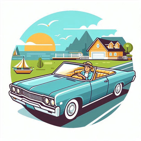 Retro cabriolet on the background of nature. Vector illustrationのイラスト素材