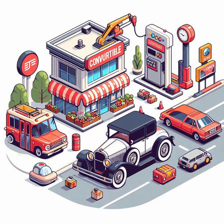Isometric 3D vector illustration of a gas station with cars and trucksのイラスト素材