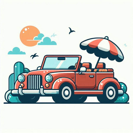 Retro car with umbrella on the background of the sky. Vector illustrationのイラスト素材