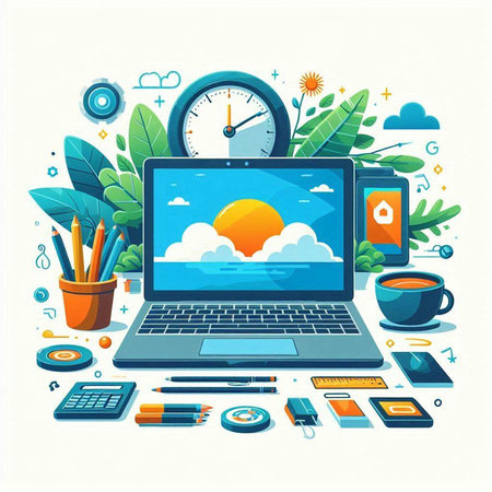 Laptop computer with cloud computing and technology concept. Vector illustration.のイラスト素材