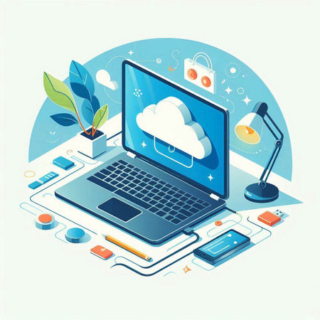 Cloud computing concept. Laptop with cloud on screen. Vector illustrationのイラスト素材