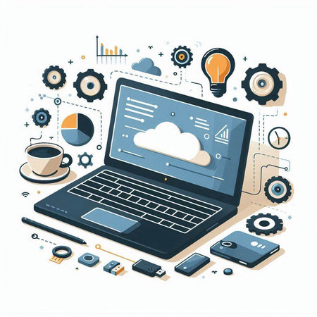 Laptop computer with cloud computing and icons on white background, vector illustration.のイラスト素材