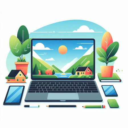 Laptop computer with home and landscape on screen. Vector illustration.のイラスト素材