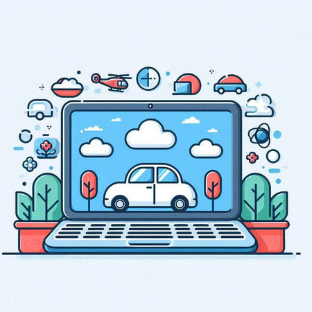 Laptop with cloud and car on screen, flat vector illustration.のイラスト素材