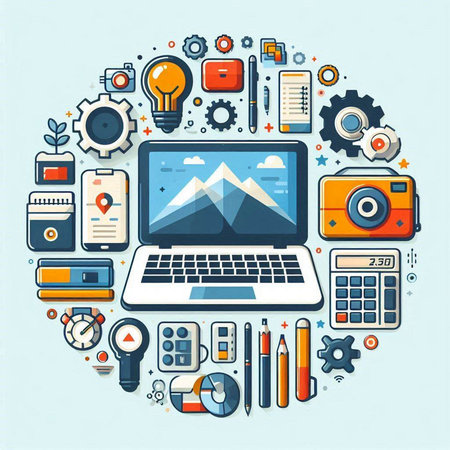 Flat design modern vector illustration concept of creative process. Laptop with image of mountains on screen.のイラスト素材