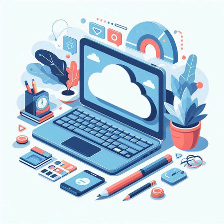 Cloud computing isometric concept with laptop and office supplies on blue background vector illustrationのイラスト素材