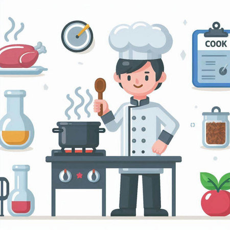 Chef cooking food in kitchen. Vector illustration in flat style.のイラスト素材