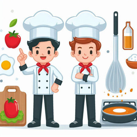 Chef and cook characters. Vector illustration of a cartoon chef in uniform and hat.のイラスト素材