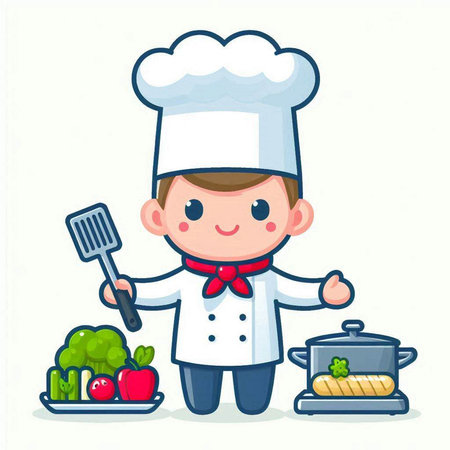 Chef boy with food and kitchen tools. Cute cartoon vector illustrationのイラスト素材