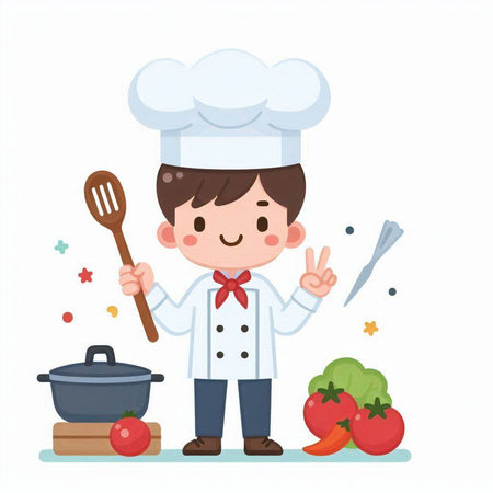 Chef boy cooking with vegetables on white background. Cute vector illustration.のイラスト素材