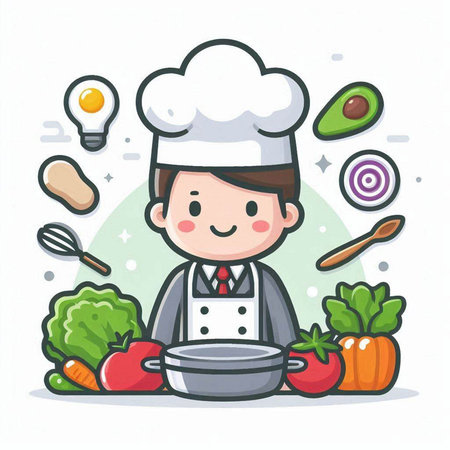 Chef cooking with vegetables and utensils, vector illustration.のイラスト素材