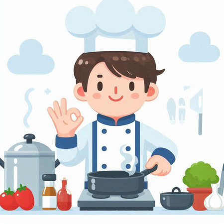 Illustration of a Kid Boy Cooking in the Kitchen and Waving His Handのイラスト素材
