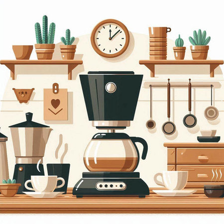 Coffee shop interior with coffee machine, cup, pot and other items. Vector illustrationのイラスト素材