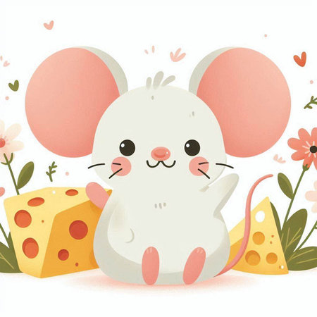 Cute cartoon mouse with cheese and flowers. Vector Illustration.のイラスト素材
