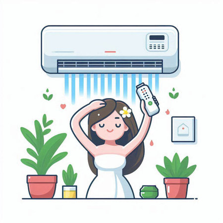 Woman with remote control in front of air conditioner. Vector illustrationのイラスト素材