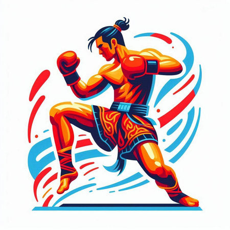 Muay thai fighter vector illustration. Thai martial arts fighter with red belt.のイラスト素材