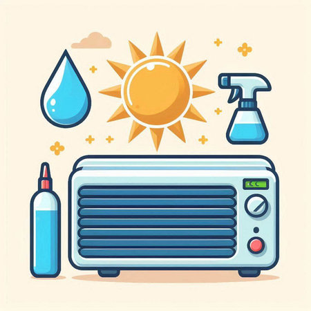 Illustration of sun, air conditioner, sun, water drop, sprayer. Flat style.のイラスト素材