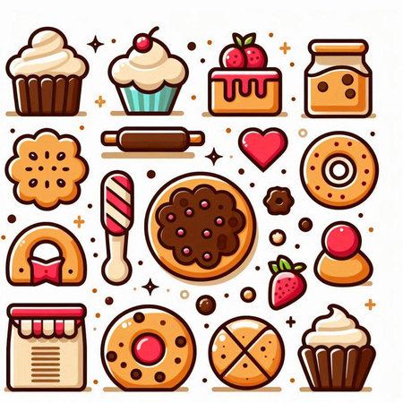 Vector illustration of a set of sweets and pastry icons on a white background.のイラスト素材