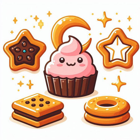 Cute cupcake, cookies, cookies and stars. Vector illustration.のイラスト素材